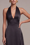 Halter A Line Satin Black Maxi Formal Dress