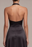 Halter A Line Satin Black Maxi Formal Dress