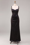 A Line Satin Thick Straps Black Maxi Formal Dress