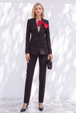Polka Dots Peak Lapel Black 2 Piece Women Suits With Bow