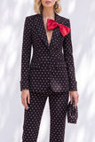 Polka Dots Peak Lapel Black 2 Piece Women Suits With Bow