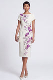 White Sheath Floral Bateau Neck Work Dress With Beading