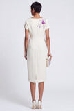 White Sheath Floral Bateau Neck Work Dress With Beading