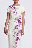 White Sheath Floral Bateau Neck Work Dress With Beading