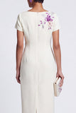 White Sheath Floral Bateau Neck Work Dress With Beading