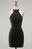 Halter Black Bodycon Mini Homecoming Dress With Pearls