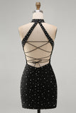 Halter Black Bodycon Mini Homecoming Dress With Pearls