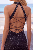 Halter Black Bodycon Mini Homecoming Dress With Pearls