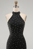 Halter Black Bodycon Mini Homecoming Dress With Pearls