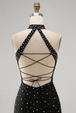Halter Black Bodycon Mini Homecoming Dress With Pearls