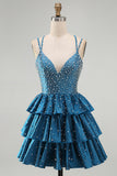 Tiered Satin A Line Dark Blue Beaded Mini Homecoming Dress