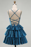Tiered Satin A Line Dark Blue Beaded Mini Homecoming Dress