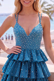 Tiered Satin A Line Dark Blue Beaded Mini Homecoming Dress
