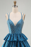 Tiered Satin A Line Dark Blue Beaded Mini Homecoming Dress