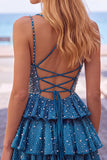 Tiered Satin A Line Dark Blue Beaded Mini Homecoming Dress