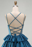 Tiered Satin A Line Dark Blue Beaded Mini Homecoming Dress