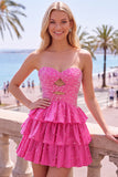 Strapless Tiered Satin A Line Pink Mini Homecoming Dress With Pearls