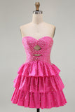 Strapless Tiered Satin A Line Pink Mini Homecoming Dress With Pearls