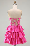 Strapless Tiered Satin A Line Pink Mini Homecoming Dress With Pearls
