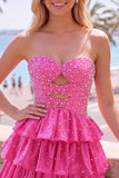 Strapless Tiered Satin A Line Pink Mini Homecoming Dress With Pearls