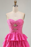 Strapless Tiered Satin A Line Pink Mini Homecoming Dress With Pearls