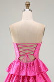 Strapless Tiered Satin A Line Pink Mini Homecoming Dress With Pearls