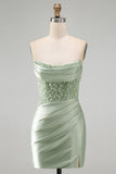 Strapless Sparkly Bodycon Dusty Green Satin Mini Homecoming Dress