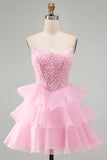 Pink Strapless Sparkly A Line Tiered Mini Homecoming Dress