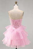 Pink Strapless Sparkly A Line Tiered Mini Homecoming Dress