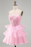 Pink Strapless Sparkly A Line Tiered Mini Homecoming Dress