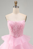 Pink Strapless Sparkly A Line Tiered Mini Homecoming Dress