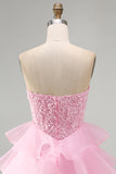 Pink Strapless Sparkly A Line Tiered Mini Homecoming Dress