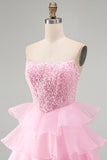 Pink Strapless Sparkly A Line Tiered Mini Homecoming Dress