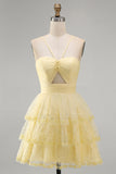 Tiered Halter Cut Out A Line Yellow Sequined Homecoming Dress