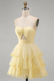 Tiered Halter Cut Out A Line Yellow Sequined Homecoming Dress