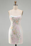 Sequin Floral Pink Bodycon Mini Homecoming Dress