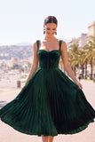 Corset Pleated A Line Green Square Neck Midi Wedding Guest Dress