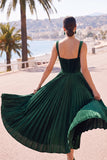 Corset Pleated A Line Green Square Neck Midi Wedding Guest Dress