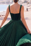 Corset Pleated A Line Green Square Neck Midi Wedding Guest Dress