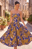 Strapless A Line Royal Blue Floral Midi Wedding Guest Dress