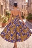 Strapless A Line Royal Blue Floral Midi Wedding Guest Dress