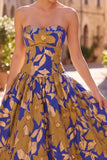 Strapless A Line Royal Blue Floral Midi Wedding Guest Dress