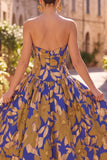 Strapless A Line Royal Blue Floral Midi Wedding Guest Dress
