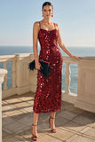 Sparkly Sheath Burgundy Sequin Midi Wedding Guest Dress