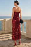 Sparkly Sheath Burgundy Sequin Midi Wedding Guest Dress