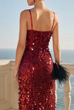 Sparkly Sheath Burgundy Sequin Midi Wedding Guest Dress