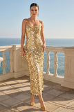 Sparkly Sheath Burgundy Sequin Midi Wedding Guest Dress