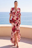 V-Neck Pink Floral Ruched A Line High-Low Wedding Guest Dress