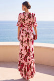 V-Neck Pink Floral Ruched A Line High-Low Wedding Guest Dress