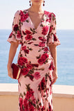 V-Neck Pink Floral Ruched A Line High-Low Wedding Guest Dress